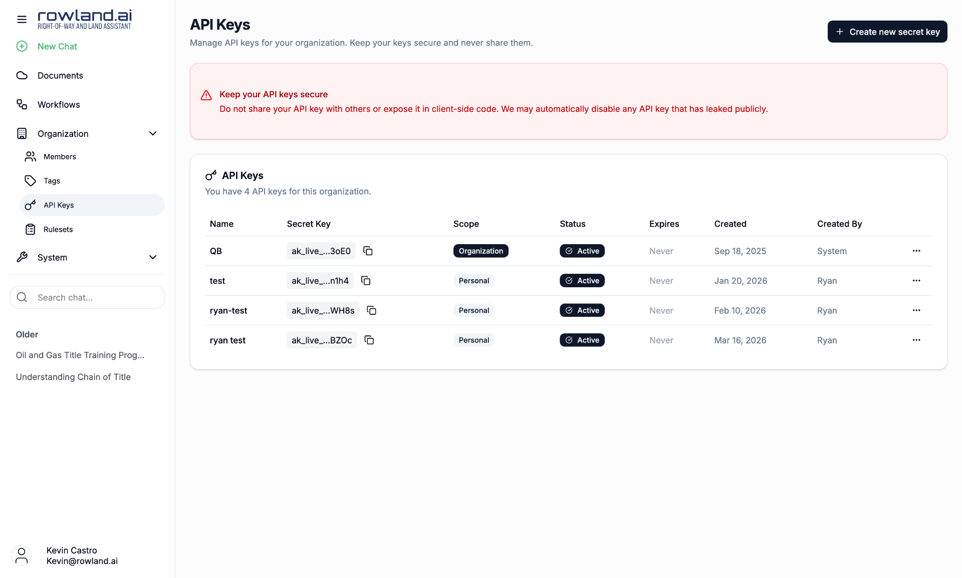 Rowland API Keys dashboard